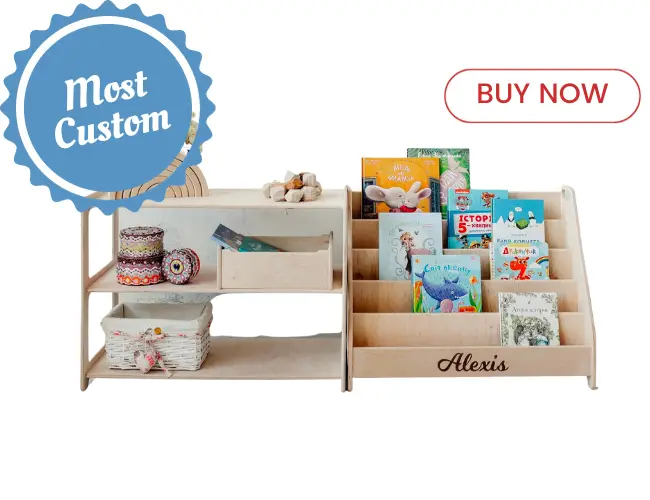 Wooden Balance Set of 2 Shelves: Small Toy Storage + Large Montessori Bookshelf