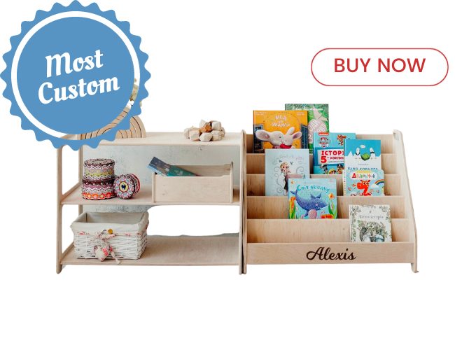 Wooden Balance Set of 2 Shelves: Small Toy Storage + Large Montessori Bookshelf