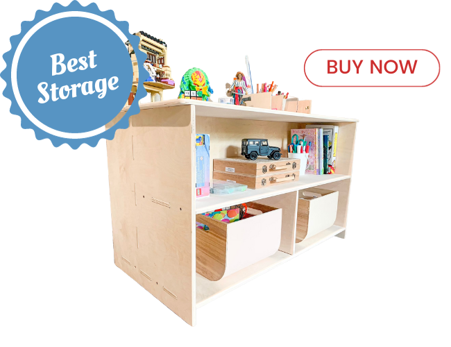 bush acres montessori shelf with hidden storage