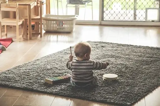 Baby sits up on a rug in the living room and plays with a xylophone and tambourine.